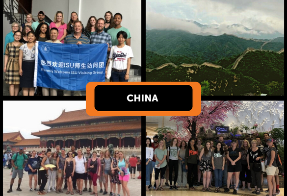 A collage of 4 photos. 3 of groups of study abroad students in china. One of the Great Wall of China. Text reads 